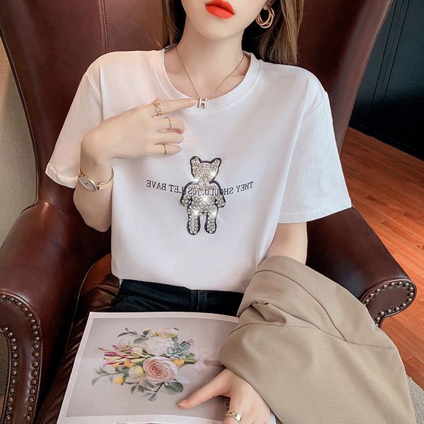 

t shirt 2021 bear round neck simple short sleeve for women, White