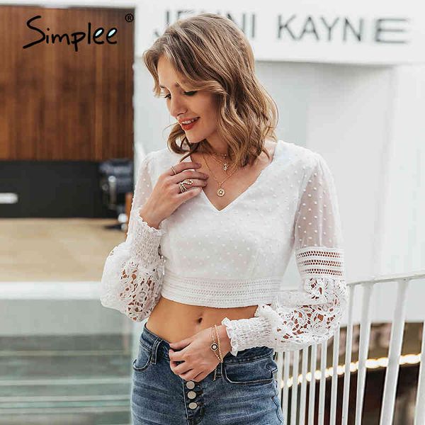 

white lace embroidery lady hollow out summer crop patchwork women shirt 210414