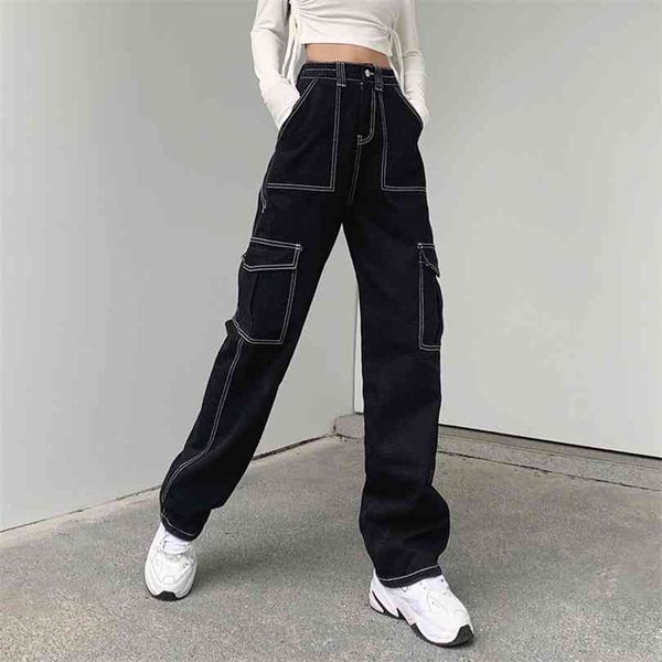 

jmprs pockets patchwork women baggy jeans fashion y2k streetwear 100% cotton denim pants loose cargo harajuku black trousers 210924, Blue