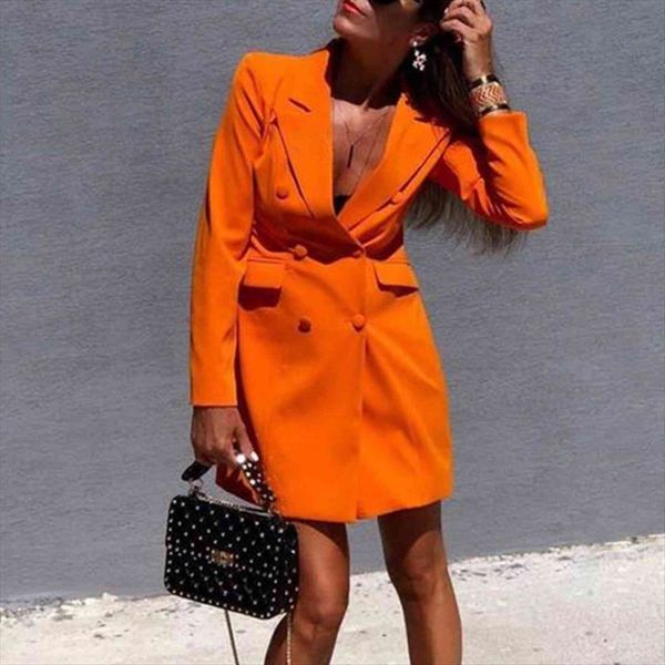 

chic orange blazer pockets women dresses double breasted long sleeve street office wear solid female casual outerwear, Black;gray