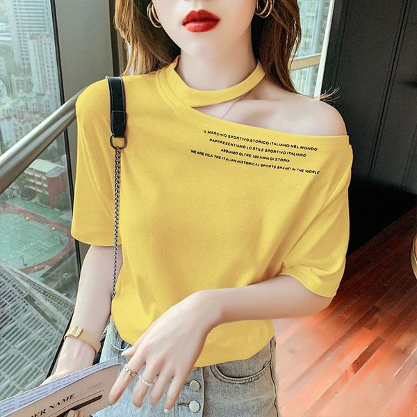 

women's t-shirt off-the-shoulder loose t-shirts women hollow out tees girls printed letters halter collar short sleeve tshirt, White