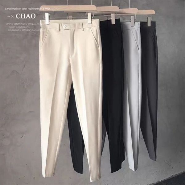 

men cropped straight trousers loose the trend fashion male british no ironing pure color casual suit pants 210715, Black