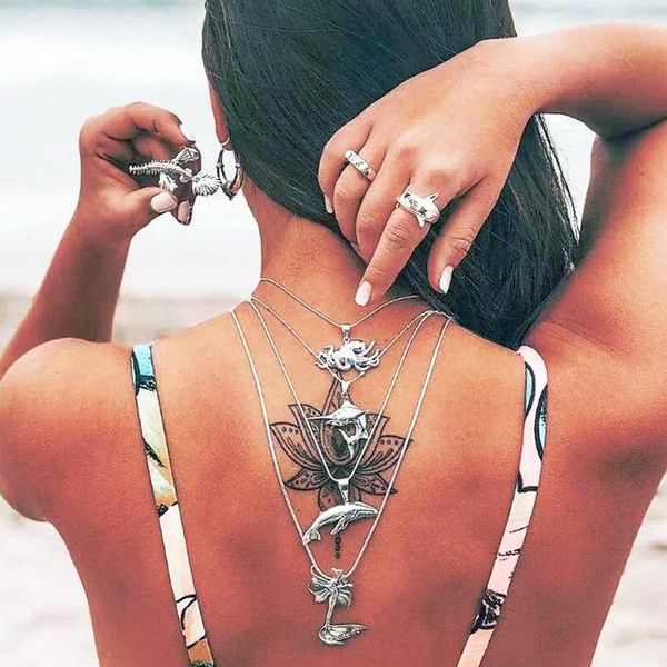 

european and american temperament sweater chain creative retro ocs dolphin whale mermaid pendant multilayer necklace chains, Silver