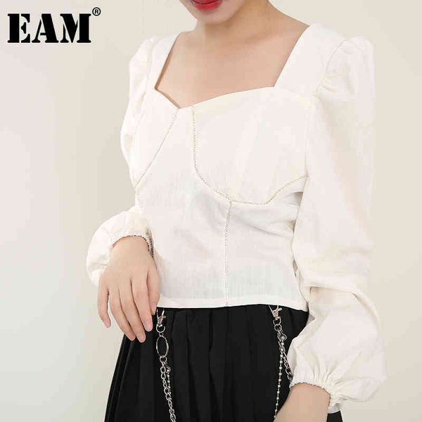 

[eam] women black elegant blouse square collar long puff sleeve loose fit shirt fashion spring autumn 1dd533400 210512, White