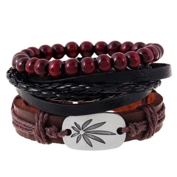

charm bracelets 3pcs/set vintage boho dark brown leather alloy tag wood beads layers bracelet bangles jewelry, Golden;silver