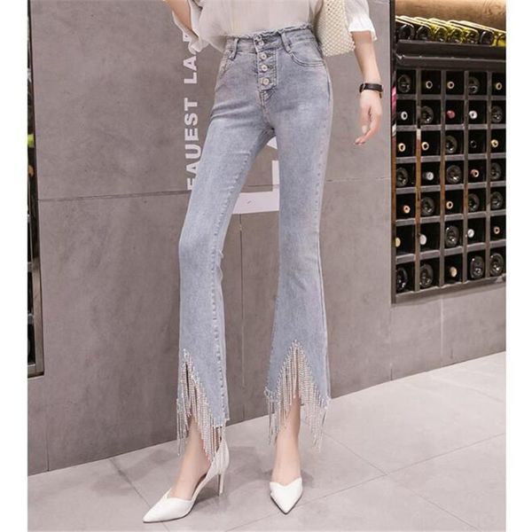

women's jeans 2021 rhinestones tassel denim trousers fringe edges irregular fashion high waist temperament women, Blue
