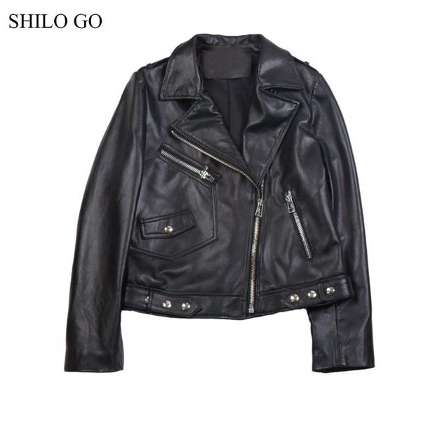 

women's jackets shilo go leather jacket womens spring fashion sheepskin genuine coat lapel collar zipper metal rivet black locomotive, Black;brown