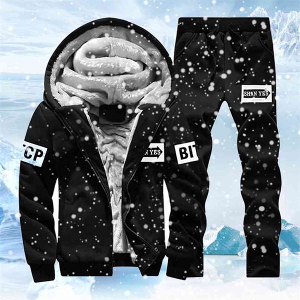 

fleece men set fashion brand tracksuit lined thick sweatshirt + pants sportswear suit male winter warm hooded outerwear suit 210916, Gray
