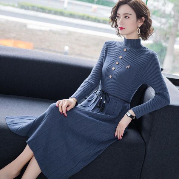

casual dresses 2021 women knitted dress elegant autumn winter long sleeve turtleneck sweater, Black;gray