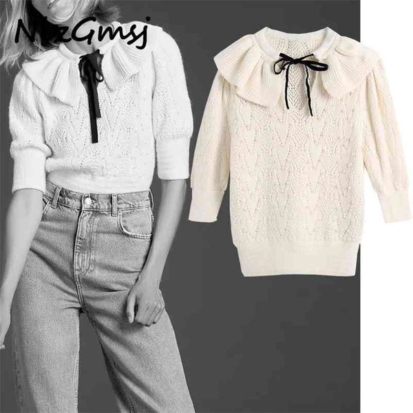 

sweater women beige pearl knitted woman fashion bow short puff sleeve crop knit pullover 210628, White;black