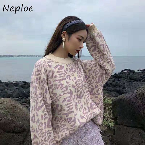 

o-neck leopard sweaters women korean autumn and winter loose long sleeve female knitted pullovers 82356 210430, White;black