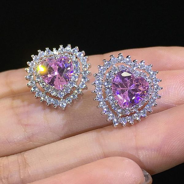 

stud huitan love earrings for women pink color cubic zirconia brilliant princess cute gift statement silver heart, Golden;silver