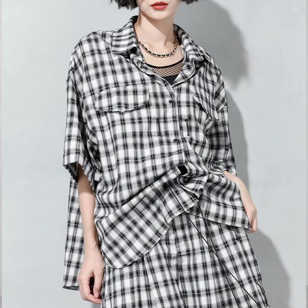 

women's blouses & shirts fairynatural ladies plaid 2021 summer fashion casual women loose pockets button turn down collar, White