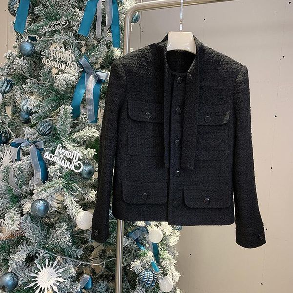 

women's jackets elegant france style bowtie pockets tweed coat c227, Black;brown