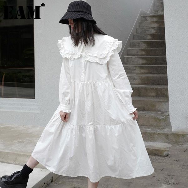 

casual dresses [eam] women white big size pleated ruffles elegant dress ruffled long sleeve loose fit fashion spring autumn 2021 1dd8318, Black;gray