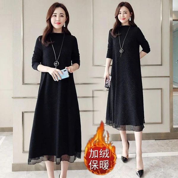

casual dresses plus size 4xl thick loose a-line dress women fall winter velvet fashion long sleeve midi vintage elegant party black, Black;gray