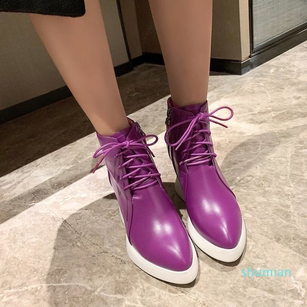 

leather wedge ankle boots fashion woman autumn winter booties purple black genuine cow leather 8cm high heels women's shoes