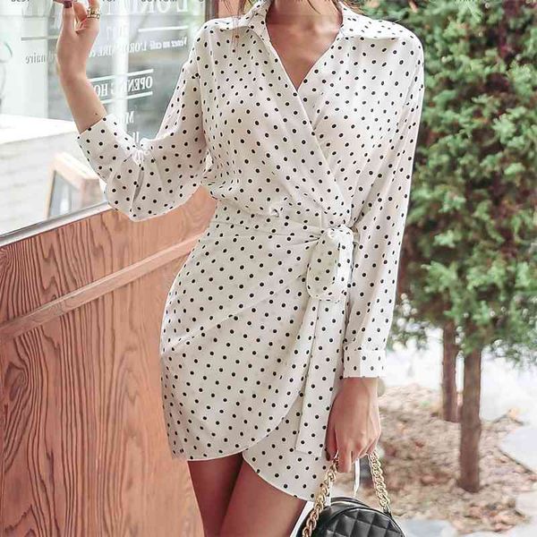 LLZACOOSH Mode Hemd Kleid Frauen Sommer V-ausschnitt Langarm Unregelmäßigen Saum Dot Lace Up Schlanke Mini Mantel Kleider 210514