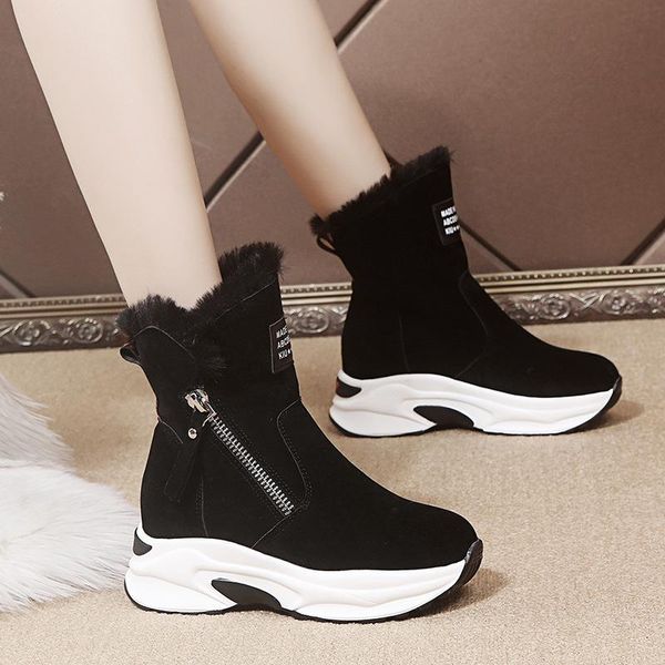 

boots 2021 women ankle boot fashion warm plush winter snow retro zipper for platform botas mujer shoes, Black