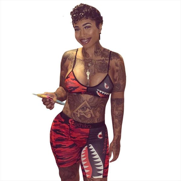 

camouflage colorful two piece women tracksuits set spaghetti strap sleeveless crop biker shorts tracksuit ethika 2, Gray