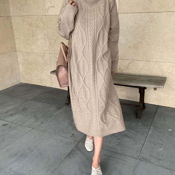 

casual dresses runway arrival fall winter women's pattern sweater knitted dress loose retro streetwear warm knit vestido robe, Black;gray