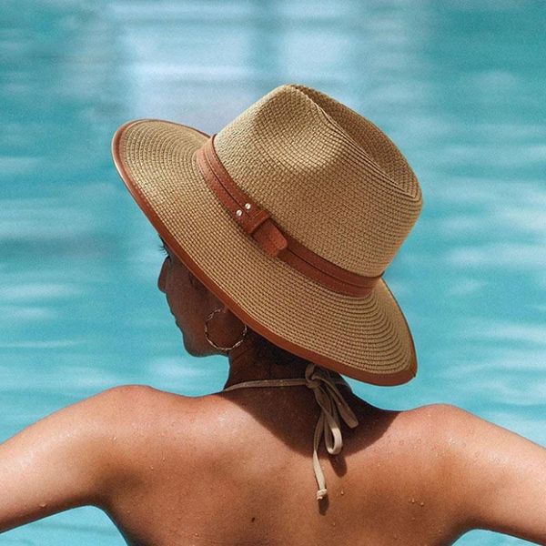 

summer women's boater beach hat wide side female casual panama lady classic flat bowknot straw sun women fedora brim hats, Blue;gray