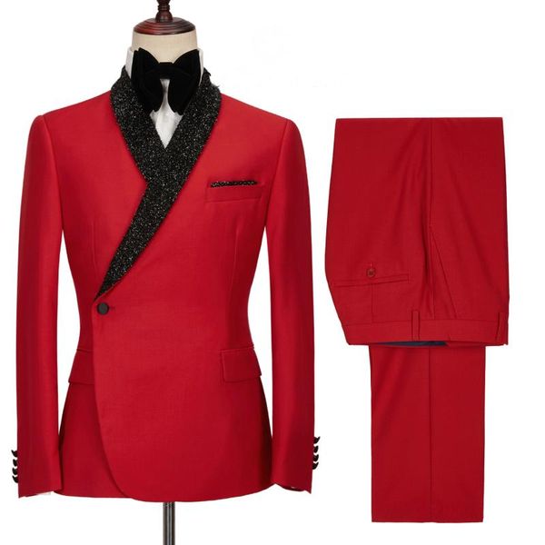 Herrenanzüge Blazer 2021 Modedesign Roter zweireihiger Herrenanzug mit Hosen glänzendem Revers Gentleman formelle Party für Hochzeit Bräutigam Smoking
