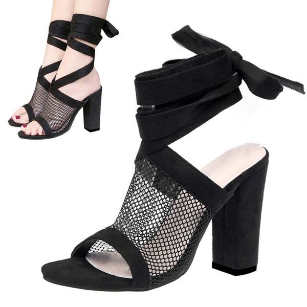 

women sandals air mesh super high pumps summer open toe lace up cross strap thick heel club shoes party, Black