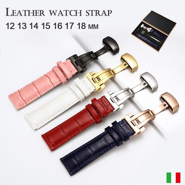 

watch bands strap 12 13 14 15 16 17 mm band universal genuine leather smooth stainless steel pin buckle, Black;brown