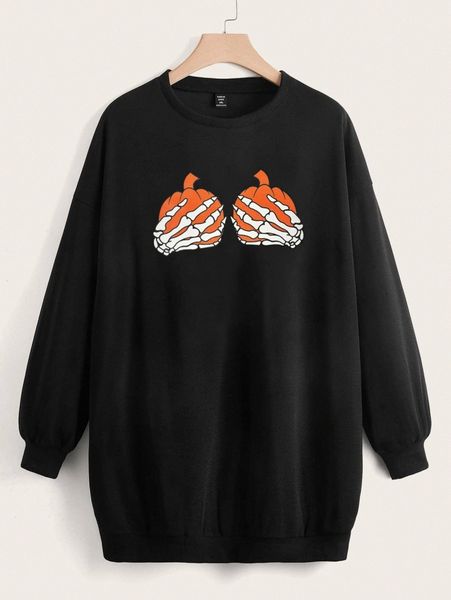 

plus pumpkin & skeleton hand print sweatshirt 75dg#, Black