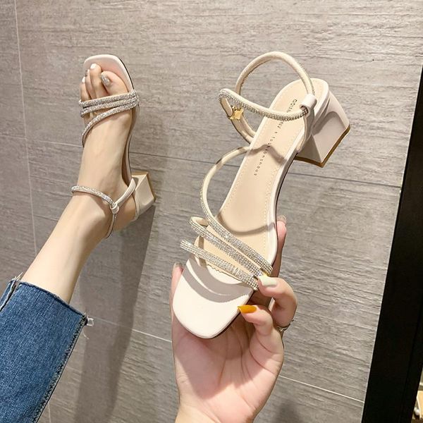 

sandals beige heeled all-match buckle strap comfort shoes for women 2021 summer med black high fashion medium rhinestone