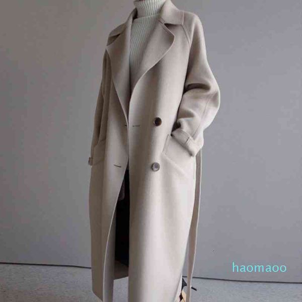 

women's wool & blends winter coat wide lapel belt pocket blend oversize long trench outwear im0y, Black