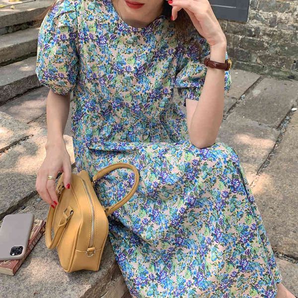 

summer fashion temperament casual vintage gentle floral o-neck loose long puff sleeve a-line robe dress 16f1235 210510, Black;gray