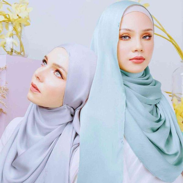 2021New Moda Tudung Crinckle Saten Hicap Krep Pileli Malezya Saten İpek Kadın Eşarp