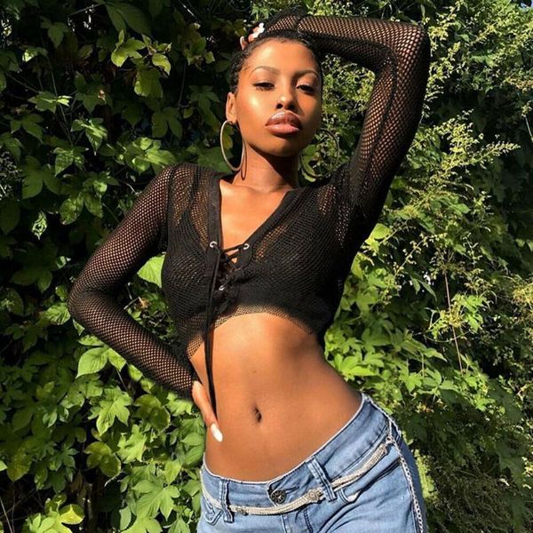 

women long sleeve v neck transparent hollow mesh fishnet t-shirt tee crop club wear bikini cover up women's swimwear, White;black