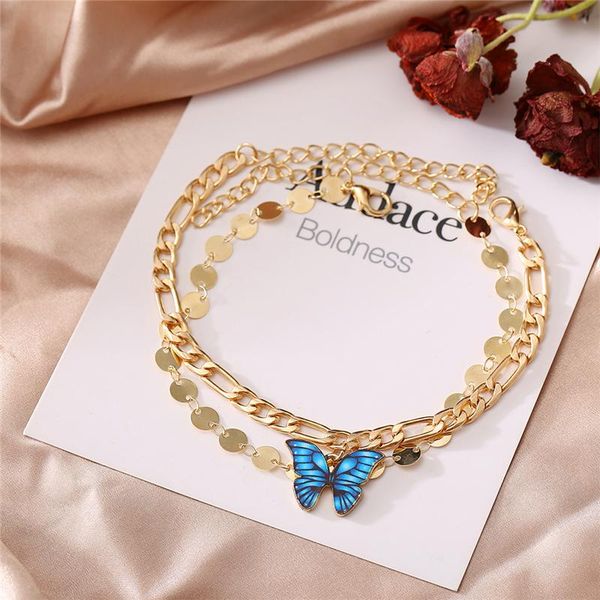 

anklets bohemian vintage multilayer butterfly anklet for women 2021 summer gold color chain female fashion jewelry statement, Red;blue