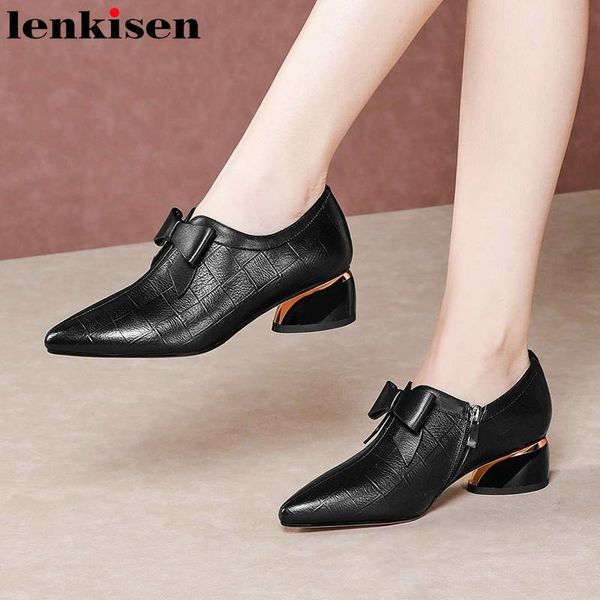 

dress shoes lenkisen limited customization handmade leisure women natural leather pointed toe med heel bowtie deep mouth zip pumps l17, Black