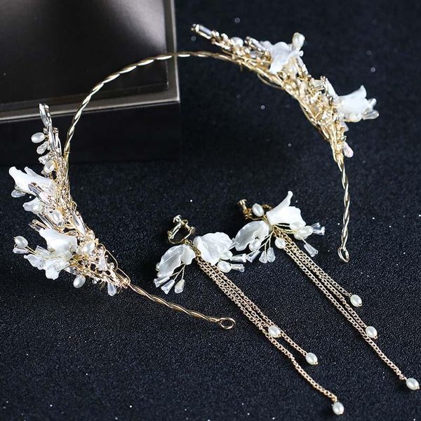 

bride crown elegent flower hairband tassels earring set wedding tiara glitter crystal imitation pearl decorations headwear hair clips & barr, Golden;silver