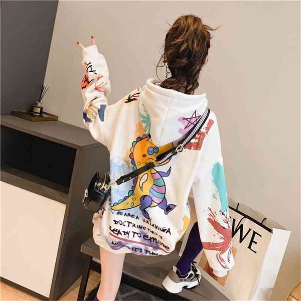 

women hooded graffiti print plus velvet thick ladies ins super fire lazy style jacket spring and autumn thin 210809, Black