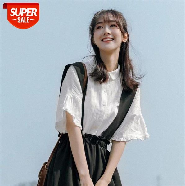 

white shirt women's ruffled blouse, design sense xiao all japanese temperament short-sleeved women trendy #zx12, Black;gray