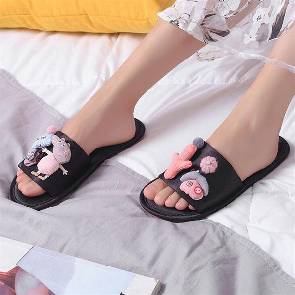 

cute cartoon pattern silk home shoes women flat slippers slides fashion comfortable non-slip wwomens bedroom, Black