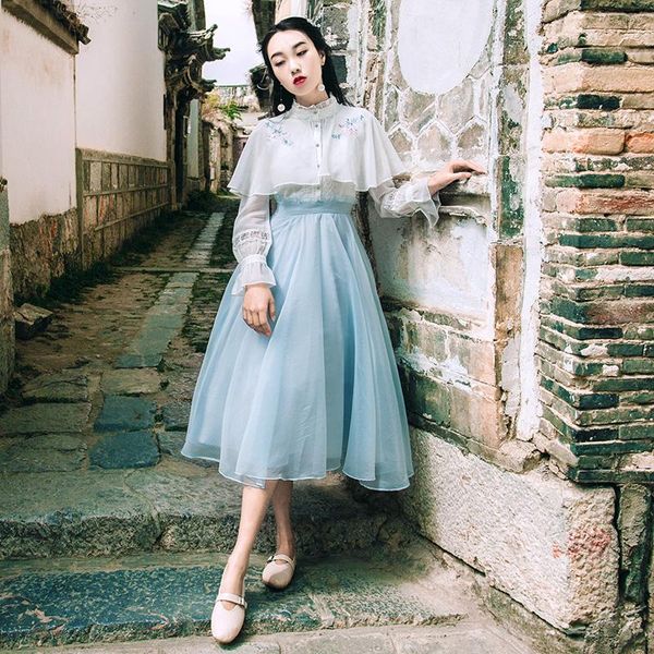 

casual dresses 2021 spring women dress vintage retro embroidery long sleeve stand collar midi chiffon tunic vestidos, Black;gray