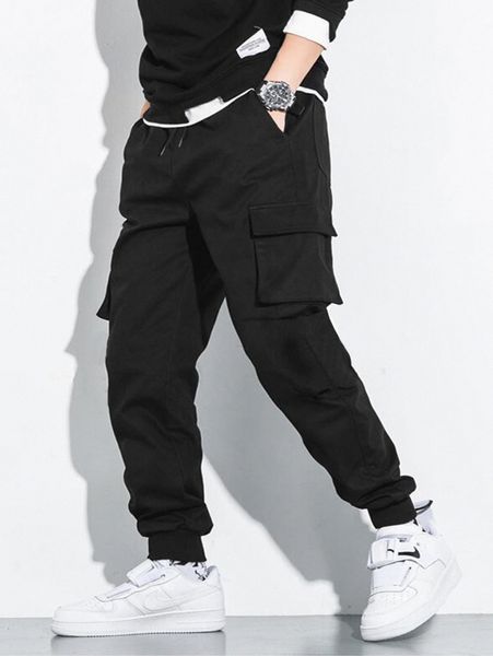 

men flap pocket drawstring cargo pants w7mf#, Black