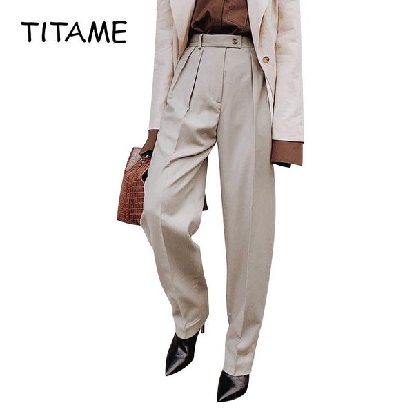 

women's pants & capris titame ol khaki 2021 spring elegant trousers ladies office high waist pleated casual loose women ankle-length, Black;white