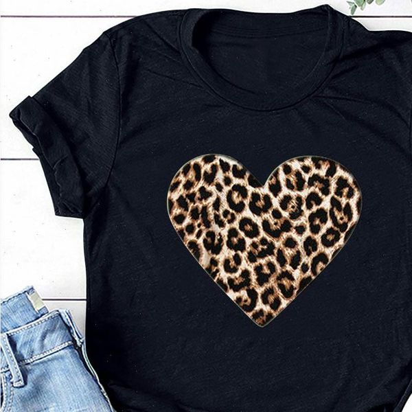 

heart shaped women t shirt leopard print valentines day casual short sleeve femme o neck loose camisetas, White