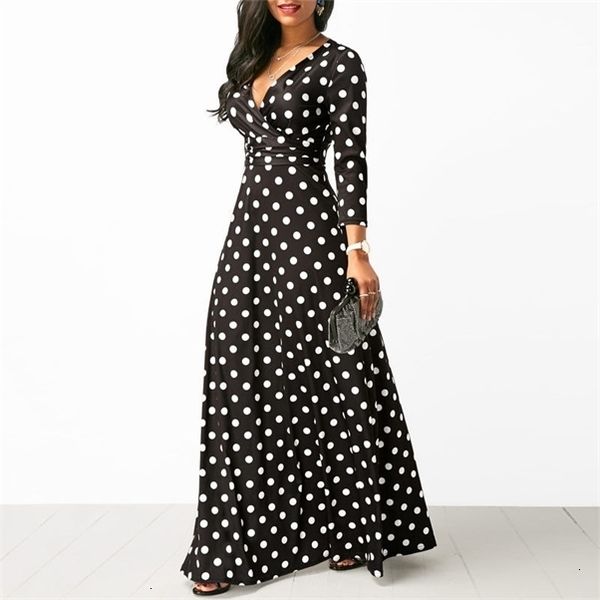 

womens polka dot long sleeve boho dress elegant vintage dresses party v neck maxi long dress fashion female dresses_yw_rw, Black;gray