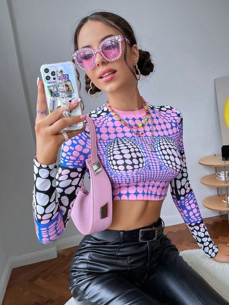 

geo & polka dot print crop tee a5ju#, White