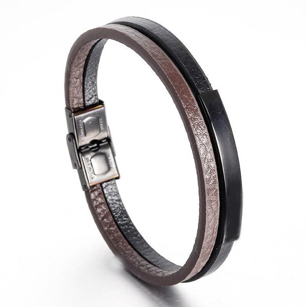 

tennis lingxiuleather men bracelet double vintage leather stainless steel magnetic clasp bangle jewelry, Golden;silver