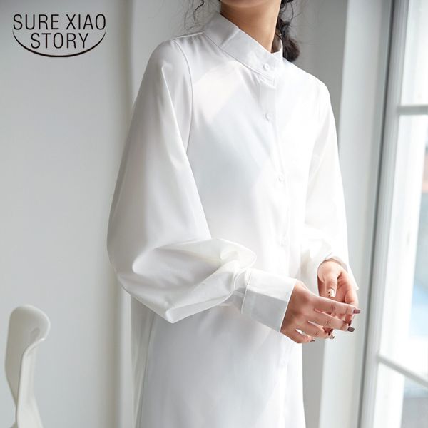 

fashion solid long sleeve blusas mujer de moda stand collar joker clothing milky white chiffon blouse 5263 50 210417