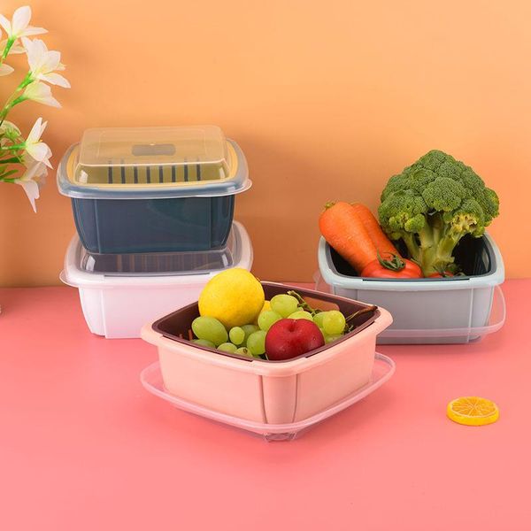 

storage bottles & jars double layer drain basket multi-functional square large refrigerator fresh-keeping box plastic kitchen dish washing f